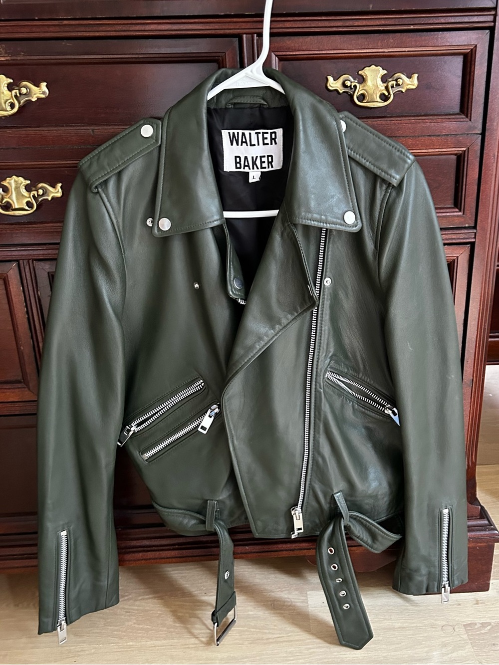 Walter Baker Green Leather Moto Jacket with Silver Hardware